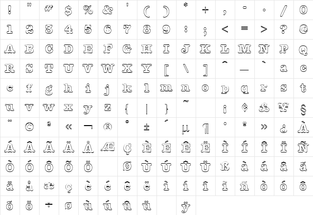American Type Outline Regular Character Map