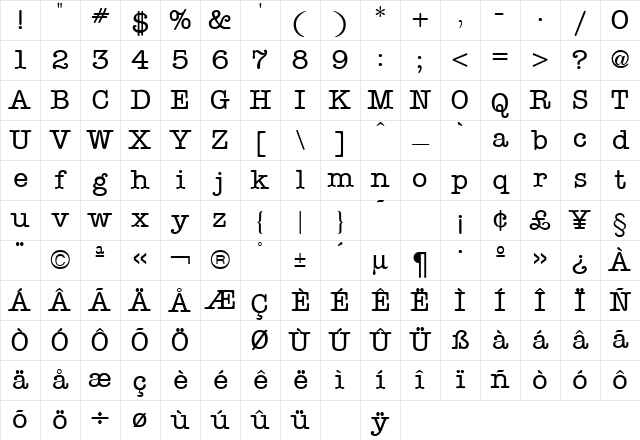 American Type Regular Character Map