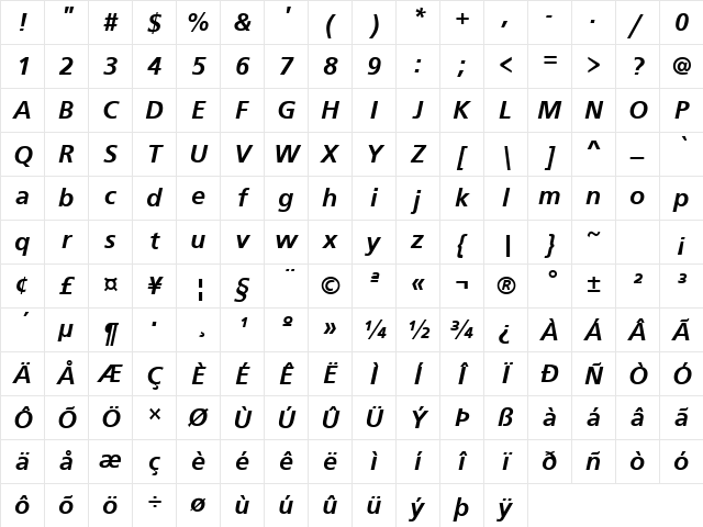 Frugal Sans Bold Italic Character Map