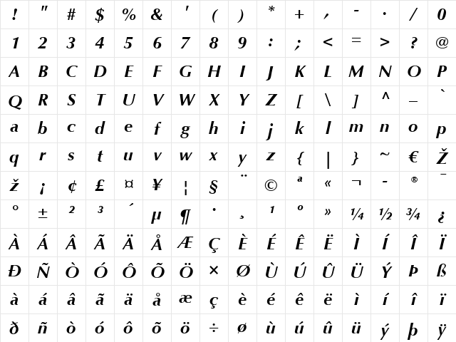 Optima LT Bold Italic Character Map Optima LT Bold Italic Character Map