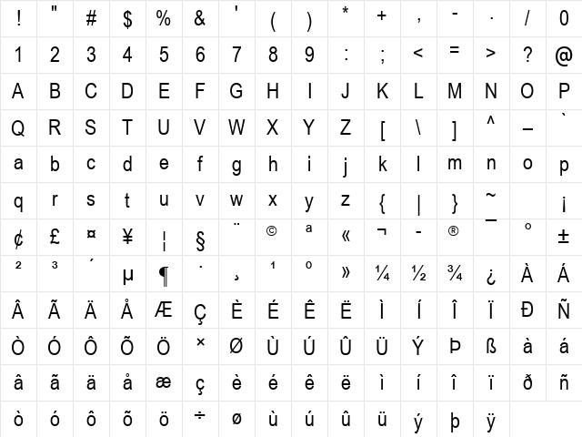 Arial Narrow Regular Character Map