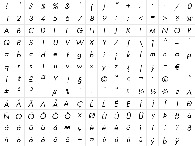 Futura Bk Book Italic Character Map Futura Bk Book Italic Character Map