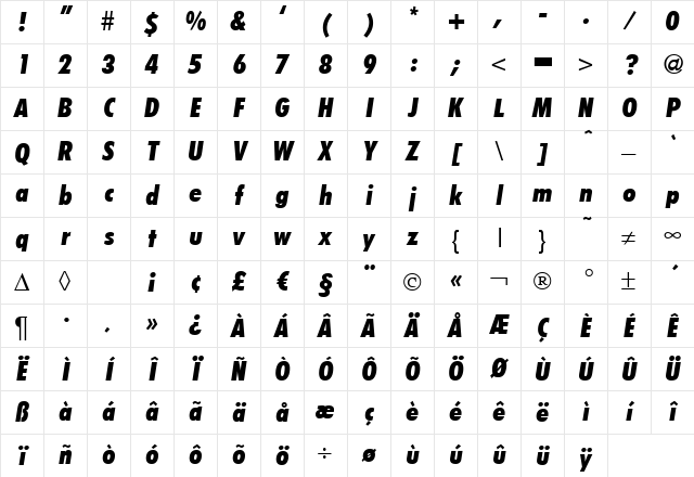 FunctionCondTwoExtrabold Italic Character Map