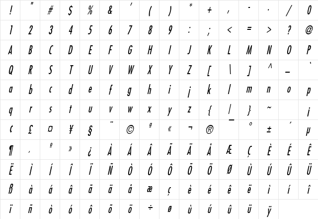 Fuji Thin Italic Character Map Fuji Thin Italic Character Map
