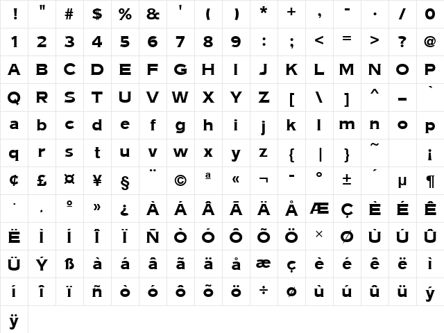 AmericanGotURWTBol Regular Character Map