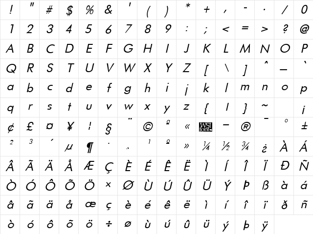 Fulton Italic Character Map