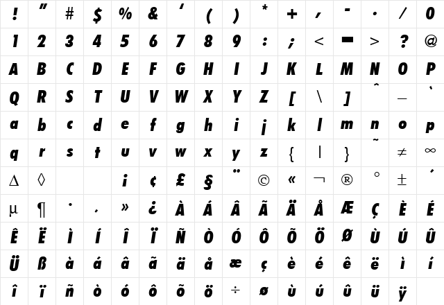 FunctionCondTwoExtrabold RegularItalic Character Map