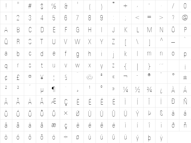 LTUnivers Ultra Light Character Map LTUnivers Ultra Light Character Map