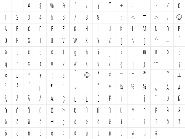LTUnivers Thin Character Map