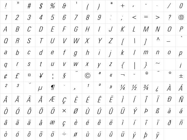 LTUnivers Italic Character Map LTUnivers Italic Character Map