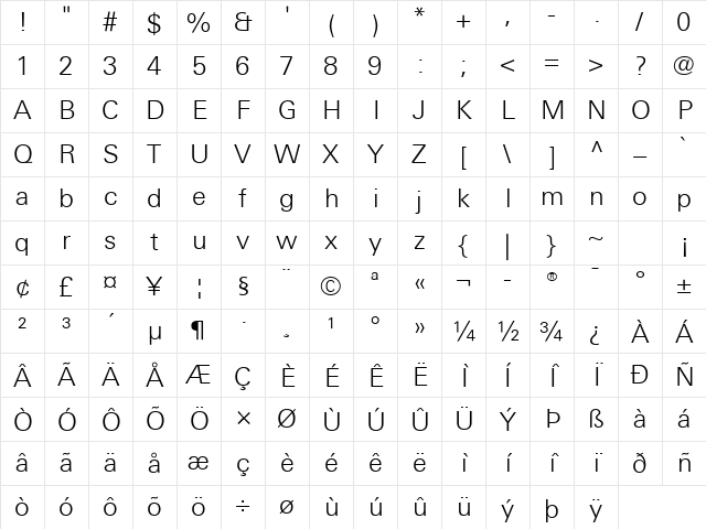 LTUnivers Light Character Map