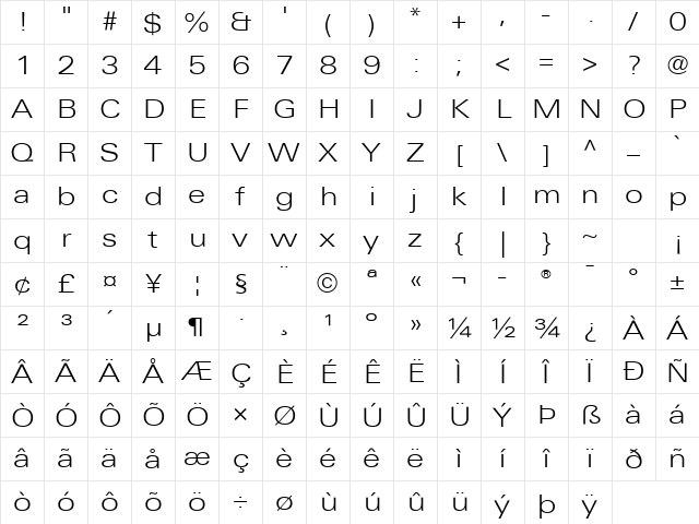 LTUnivers Light Character Map LTUnivers Light Character Map