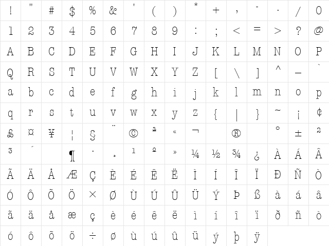 AmericanTypewriter LightCond Character Map