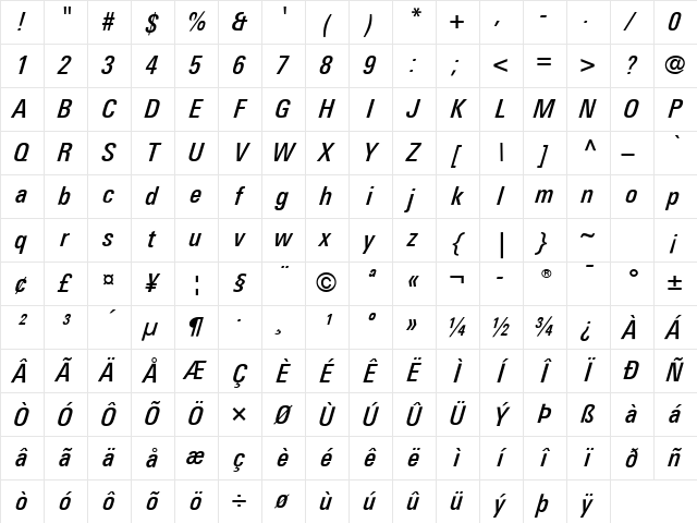 LTUnivers Italic Character Map