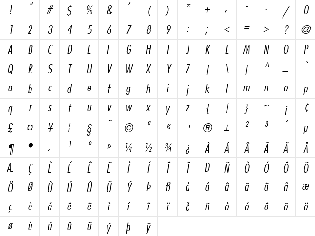 Futura LtCn BT Italic Character Map