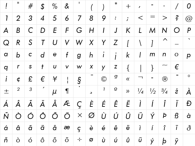 Futura Bk BT Book Italic Character Map