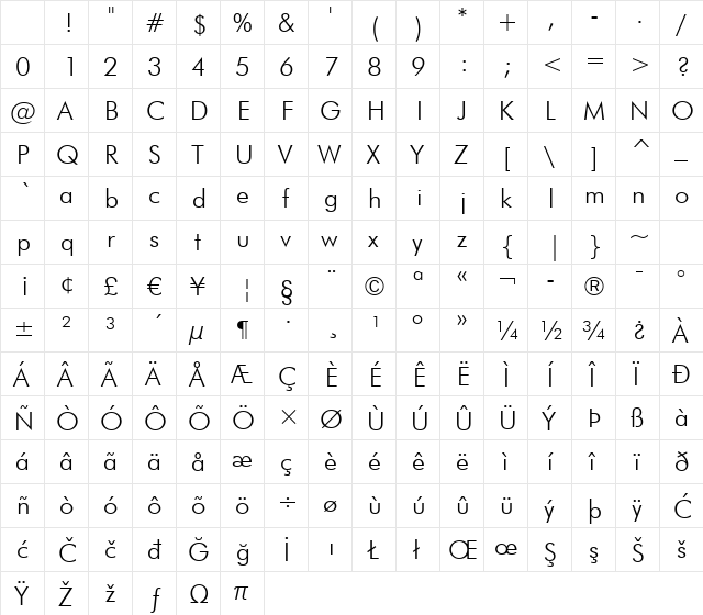 Futura Lt BT Light Character Map