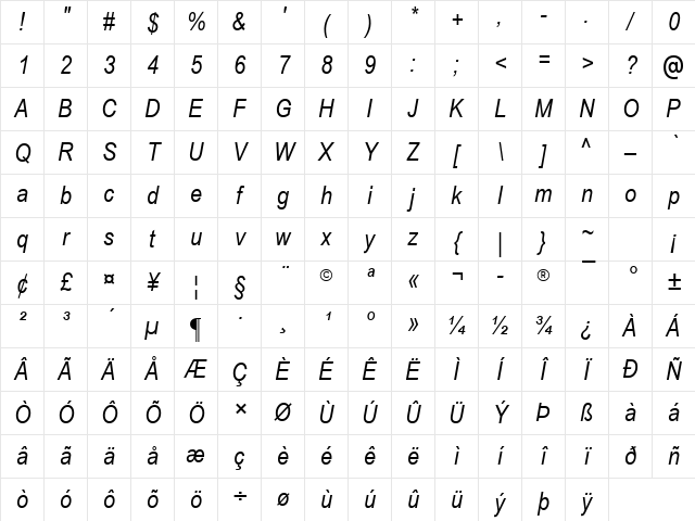 Arial Narrow Italic Character Map