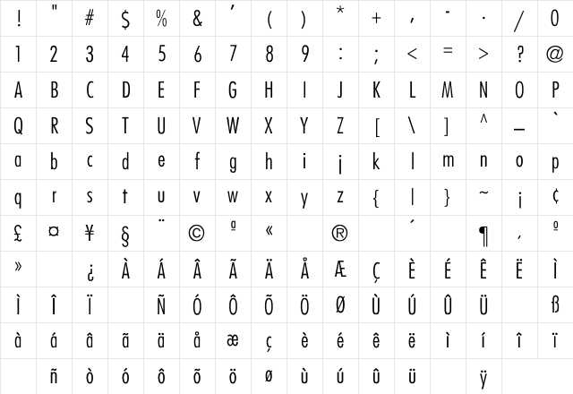 Futura-CondensedLight-Normal Regular Character Map