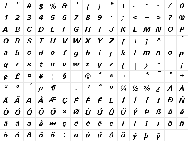 LTUnivers Bold Italic Character Map