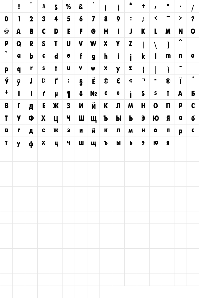 Futura Black Narrow Bold Character Map