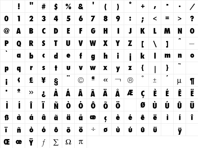 Futura Condensed Extra Bold Regular Character Map