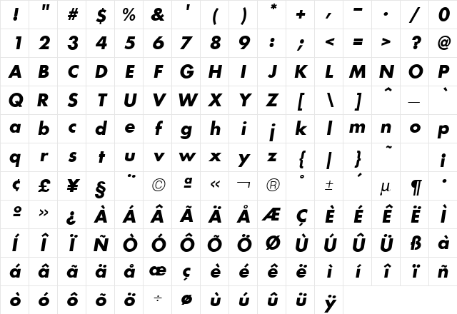 Futura ICG BoldOblique Character Map