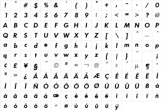 Futura ICG Demi Oblique Character Map