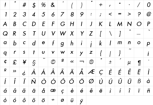 Futura ICG Oblique Character Map