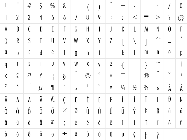 Futura Light Character Map