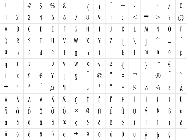 Futura LtCn BT Light Character Map