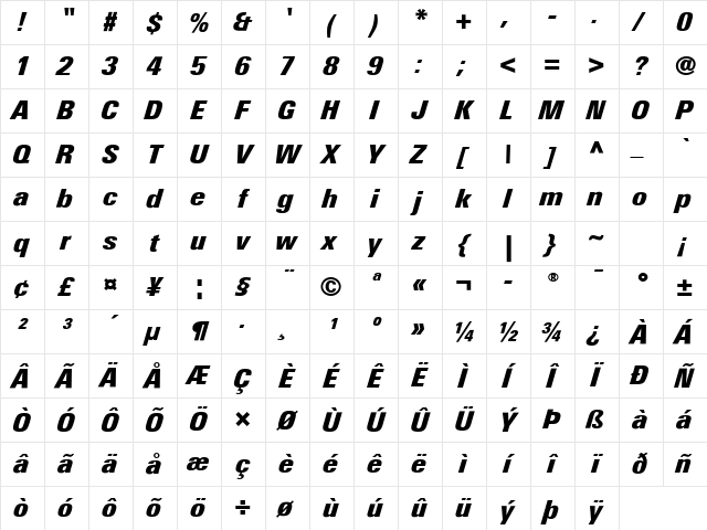 LTUnivers Italic Character Map