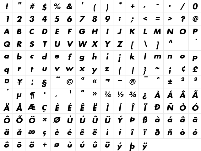 Futura BoldItalic Character Map