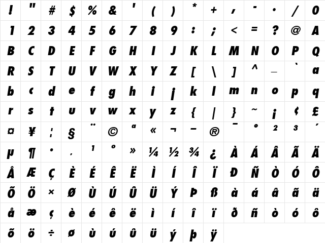 Futura-CondensedExtraBold Extra BoldItalic Character Map