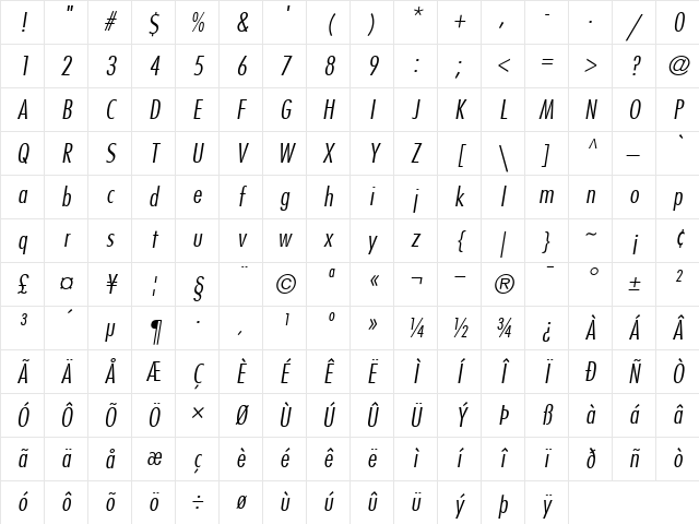 Futura-CondensedLight LightItalic Character Map Futura-CondensedLight LightItalic Character Map