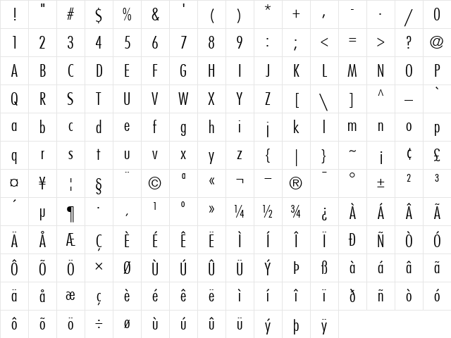 Futura-CondensedLight Light Character Map