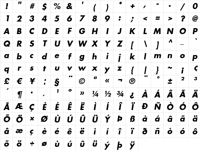 Futura LT BoldOblique Character Map