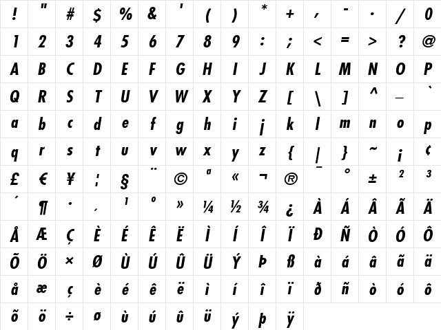 Futura LT CondensedBoldOblique Character Map