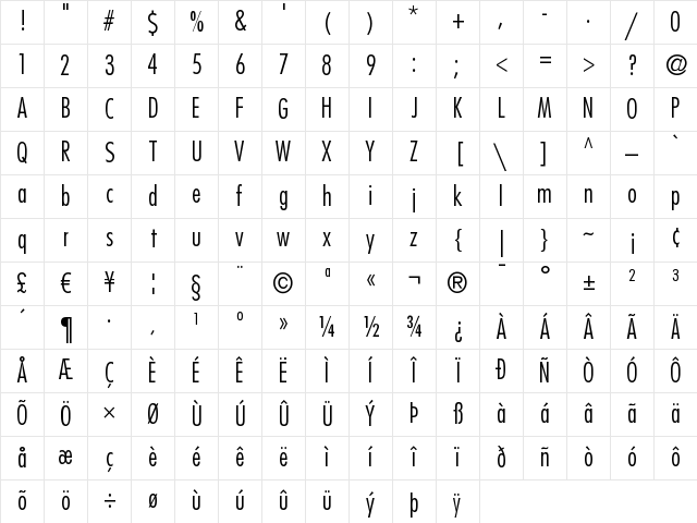 Futura LT CondensedLight Character Map