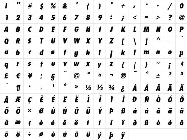 Futura LT CondExtraBoldObl Character Map