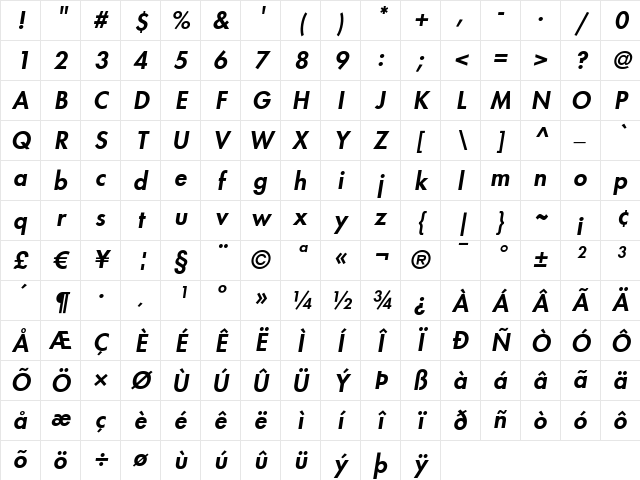 Futura LT HeavyOblique Character Map