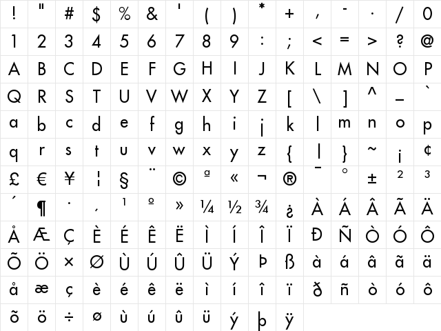 Futura LT Regular Character Map