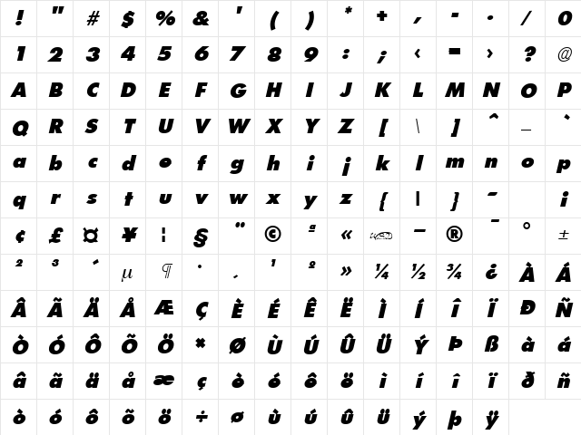 FuturistExtraHeavy Italic Character Map