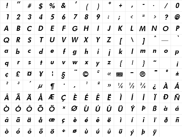 FuturistFixedWidth Bold Italic Character Map