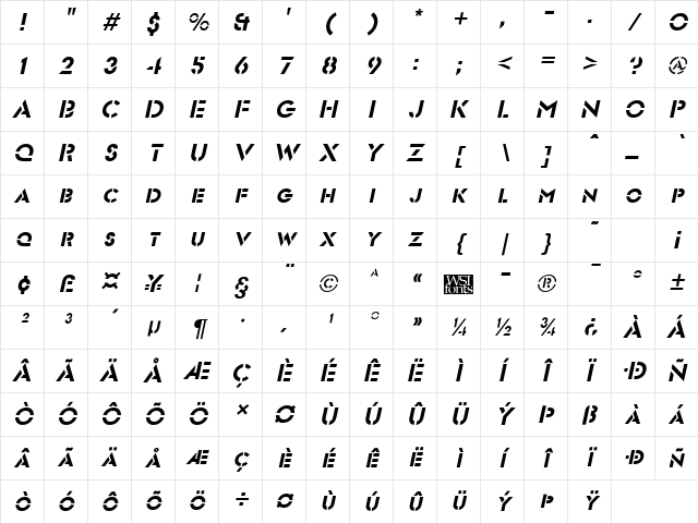 FuturistStencil Italic Character Map
