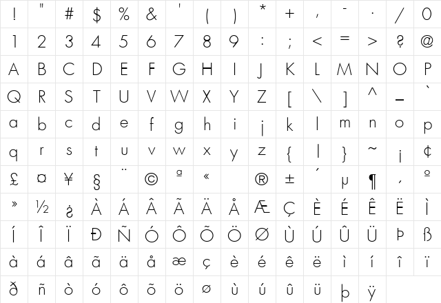 Futura-Light Regular Character Map