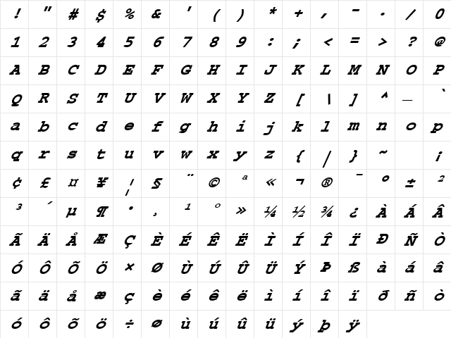FZ BASIC 54 ITALIC Bold Character Map