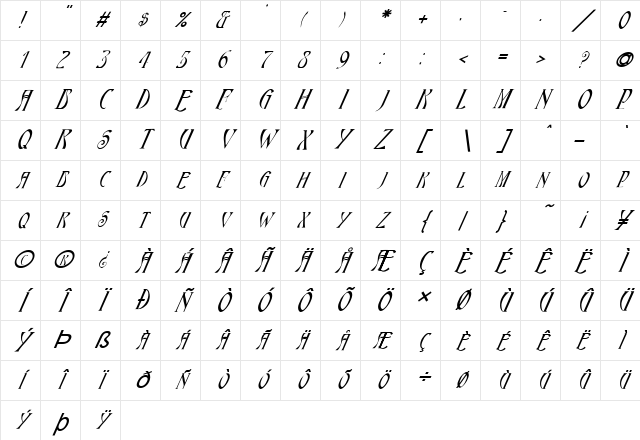 FZ JAZZY 18 ITALIC Normal Character Map