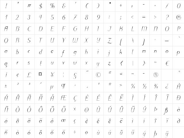 Puritas LT Light Italic Character Map