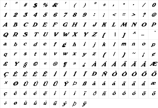 FZ ROMAN 12 ITALIC Normal Character Map